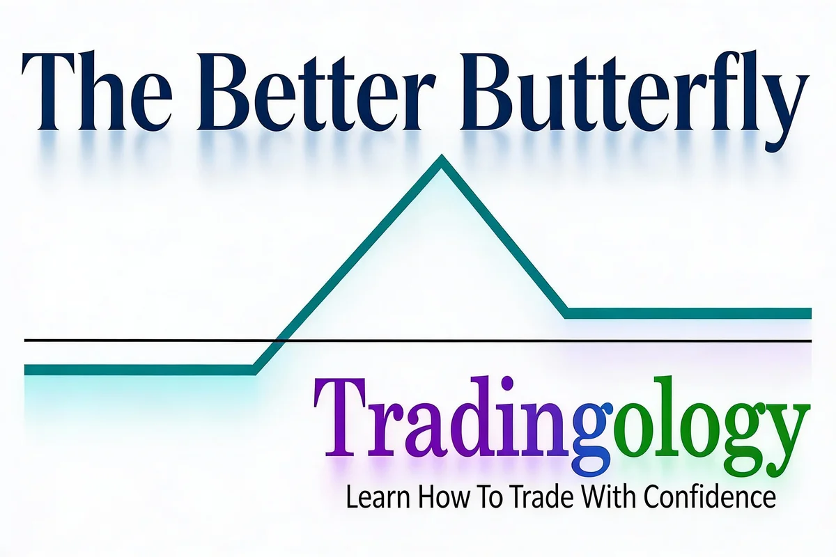 Options trading course cover titled The Better Butterfly Tradingology with trading charts