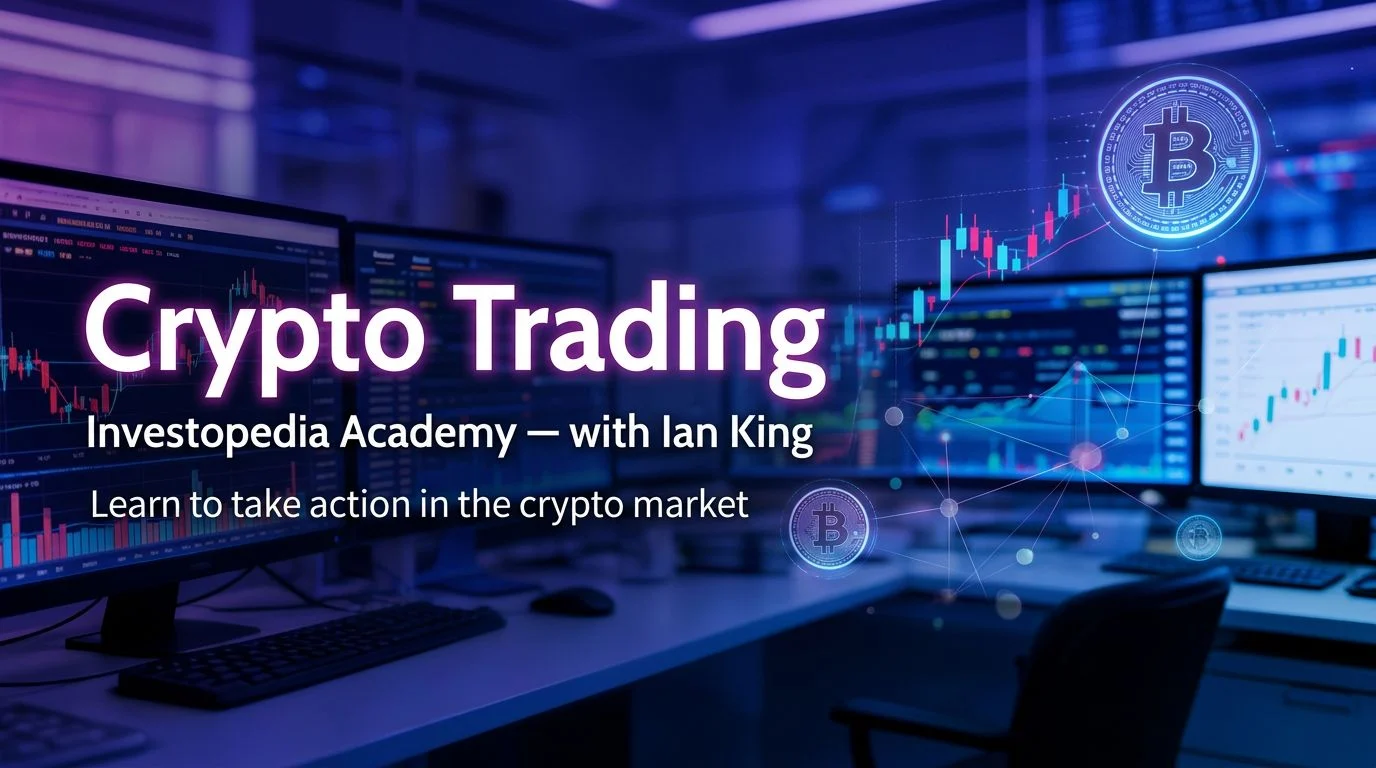 Investopedia Academy Crypto Trading course image with charts and strategies
