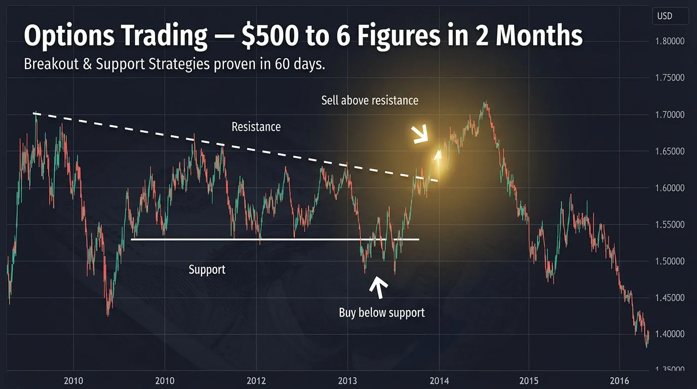 Options trading course cover with charts and profit growth from $500 to 6 figures